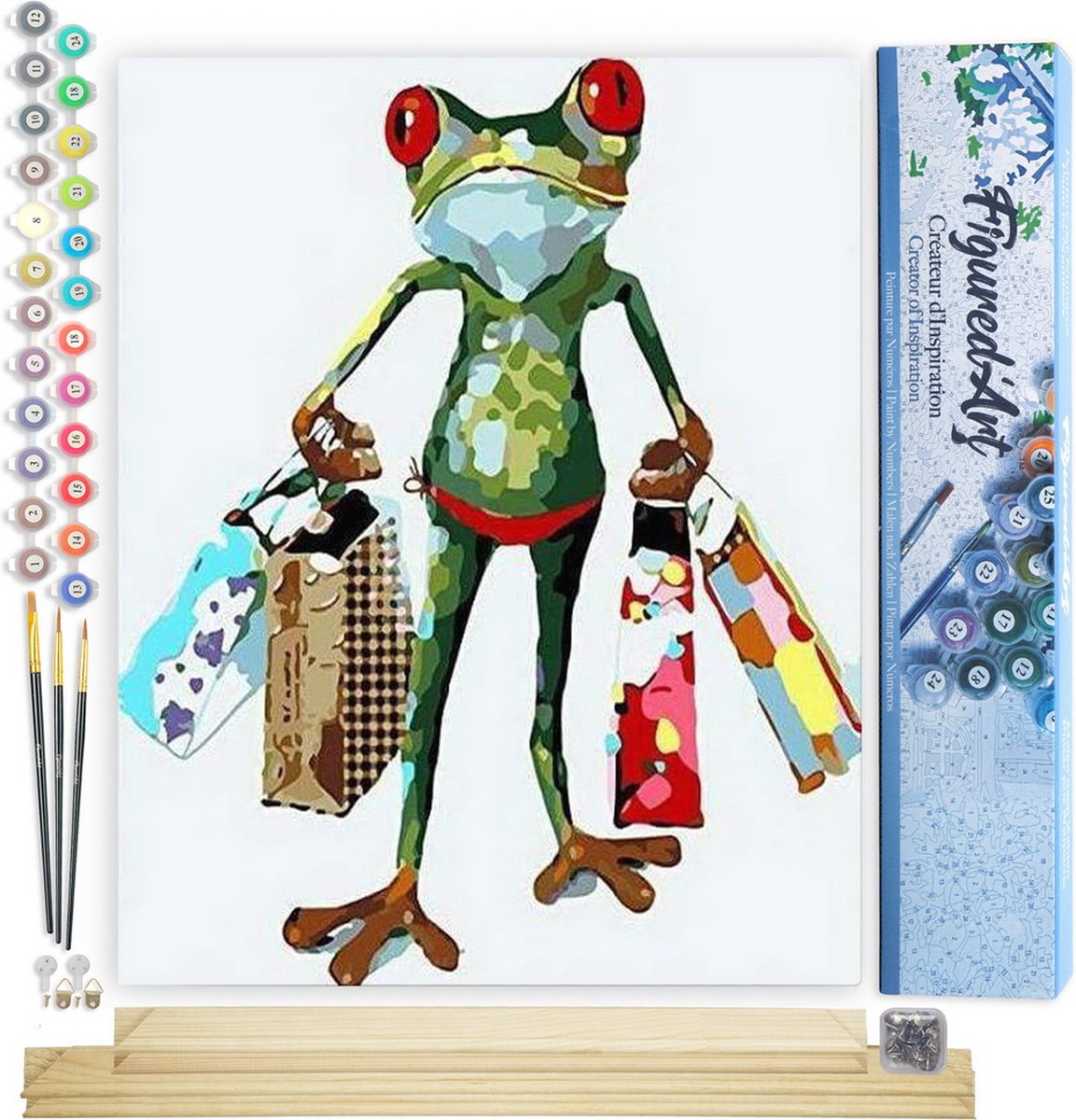 FiguredArt Schilderen op Nummer Volwassenen canvas Kikker komt terug van winkelen - Handwerk acrylverf Kit DIY Compleet - 40x50cm met DIY houten lijst